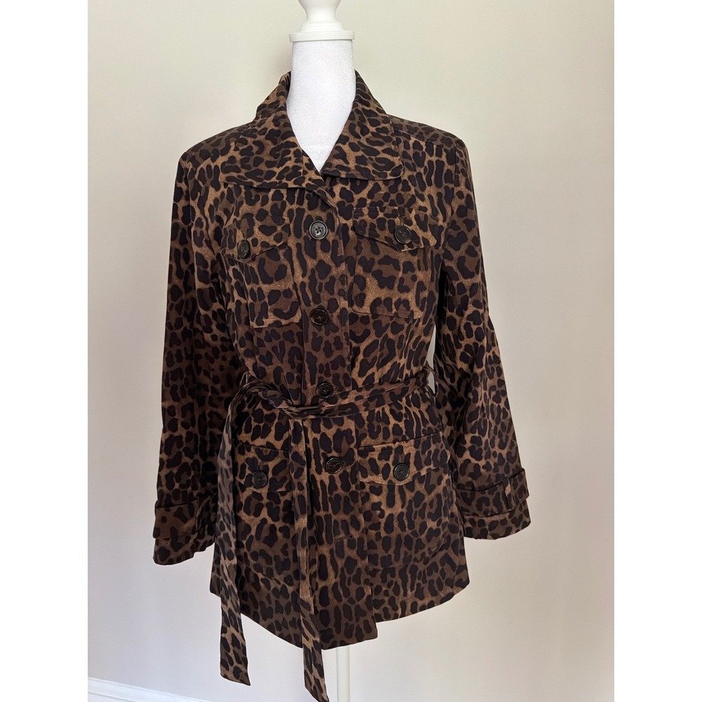 Linea by Louis Dell Olio Leopard Print Belted Safari Field Jacket Brown Small